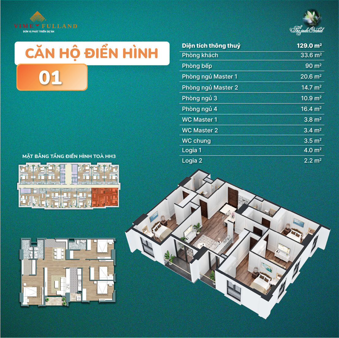 Căn hộ 01 - 129m2 - 4 phòng ngủ